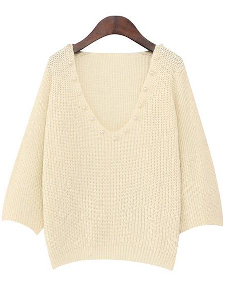 Romwe V Neck Bead Beige Sweater