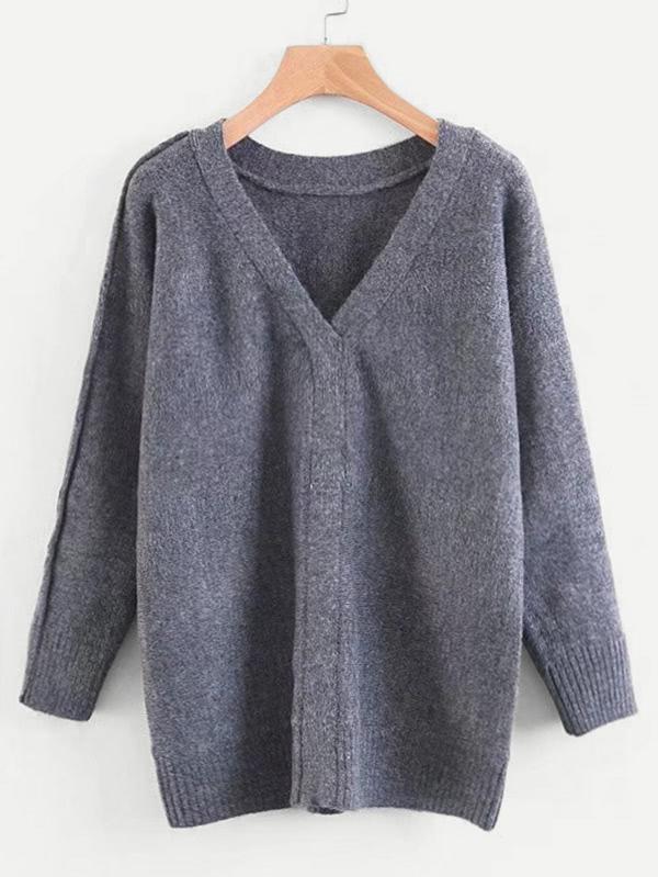 Romwe Faux Pearl Detail V Neckline Jumper