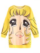 Romwe Yellow Cartoon Print Dropped Shoulder Seam Sweatshirt Dress