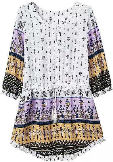 Romwe Round Neck Drawstring European Style Print Yellow Dress