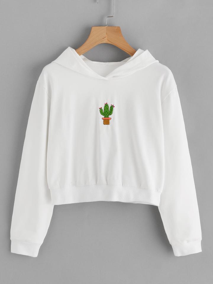 Romwe Cactus Embroidered Patch Hoodie