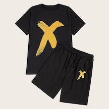 Romwe Guys Metallic Brush Print Tee With Shorts
