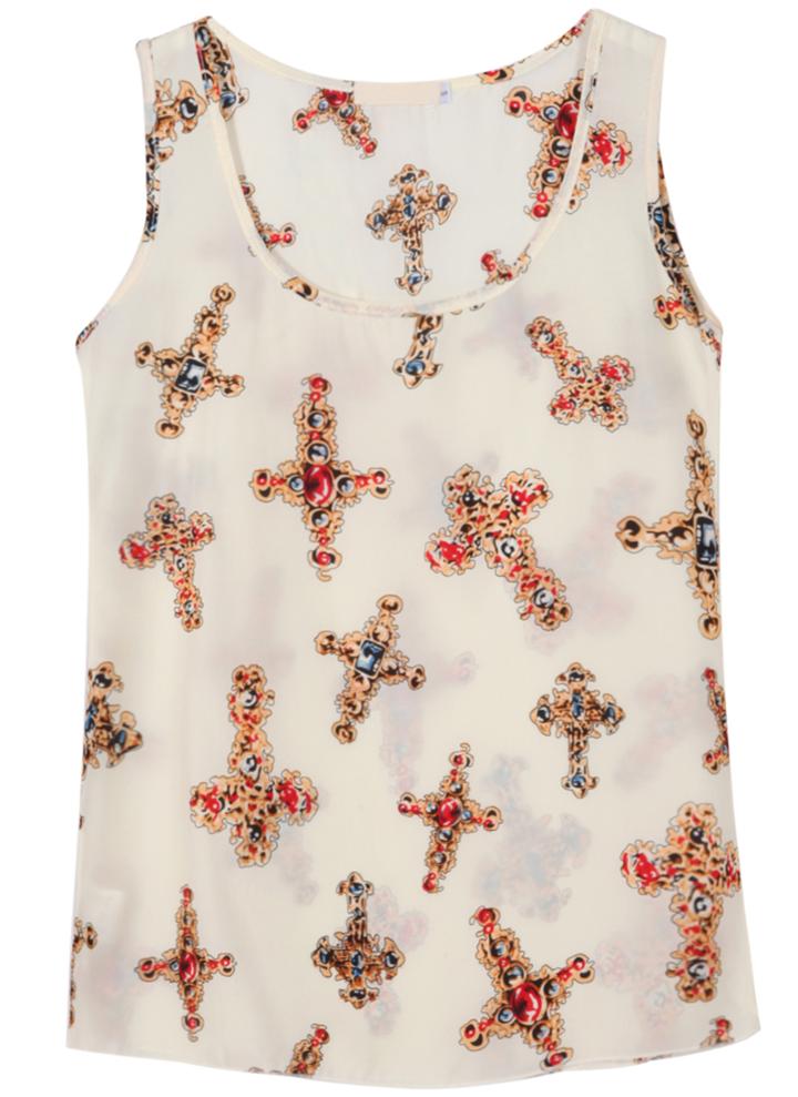 Romwe Cross Print Round Neck Chiffon Vest