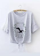 Romwe Striped Penguin Print Knotted Blue T-shirt