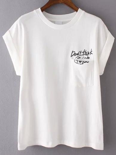 Romwe Letter Print Cuffed White T-shirt With Pocket