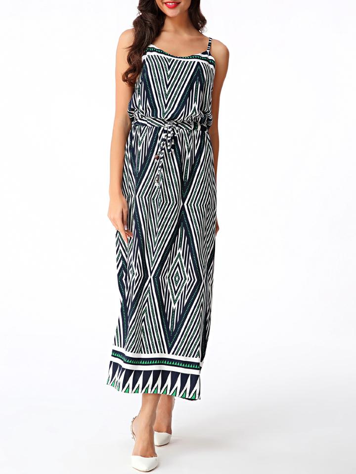 Romwe Green Print Drawstring Spaghetti Strap Maxi Dress