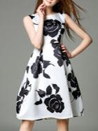 Romwe Rose Print Fit & Flare Dress