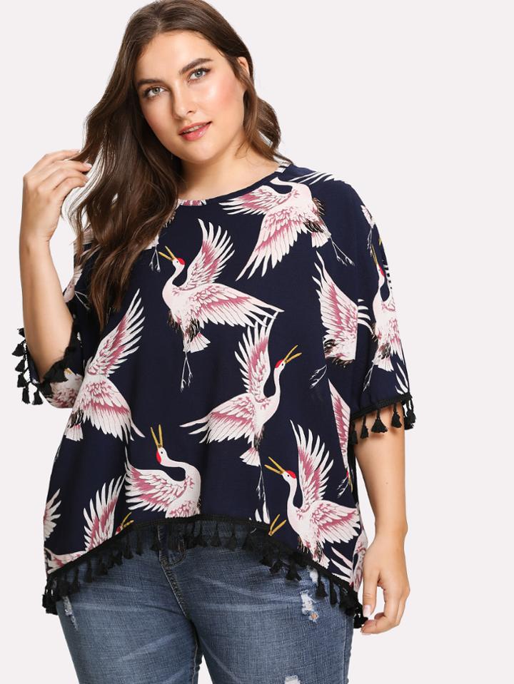 Romwe Tassel Trim Gruidae Print Blouse
