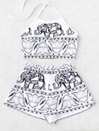Romwe Elephant Print Halter Three Piece Swimwear