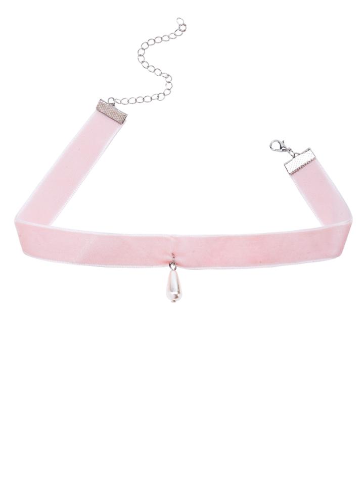 Romwe Pink Faux Pearl Charm Velvet Choker