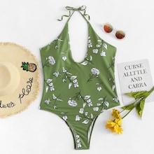 Romwe Plus Flower Print Halter One Piece Swimsuit