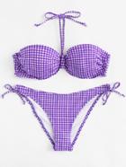 Romwe Tie Side Halter Gingham Bikini Set