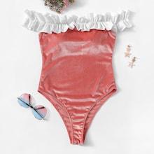 Romwe Frill Off The Shoulder Velvet One Piece Swimsuit