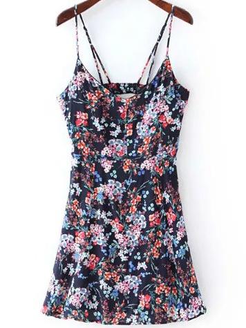 Romwe Florals Cut Out Navy Cami Dress