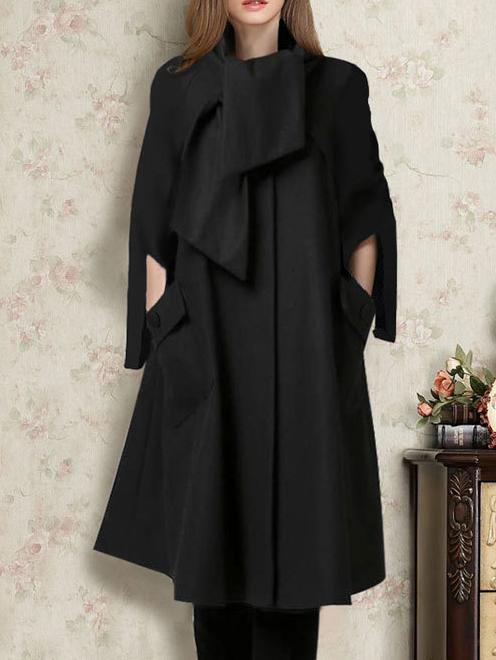 Romwe Pockets Slit Loose Black Coat