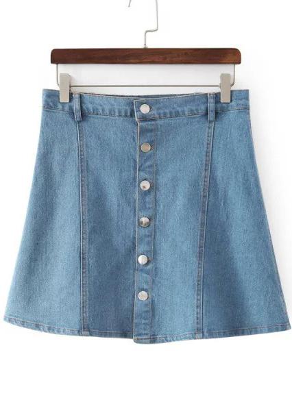 Romwe Single-breasted Flare Denim Skirt