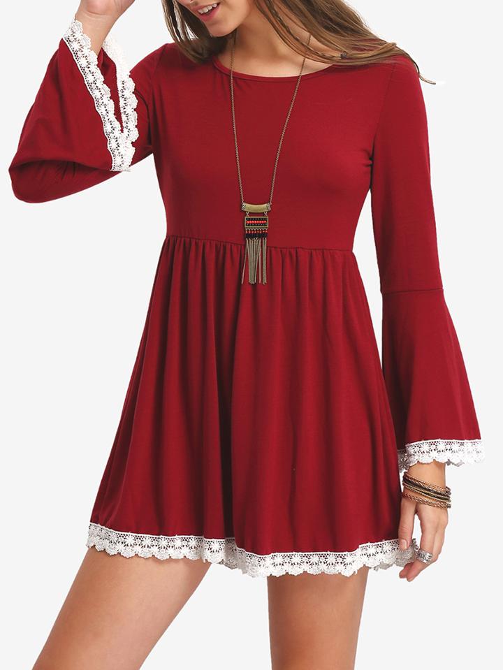 Romwe Bell Sleeve Contrast Lace Dress