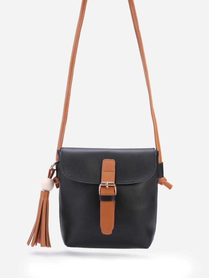 Romwe Black Pu Buckle Closure Tassel Trim Shouler Bag