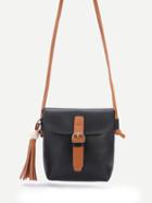 Romwe Black Pu Buckle Closure Tassel Trim Shouler Bag