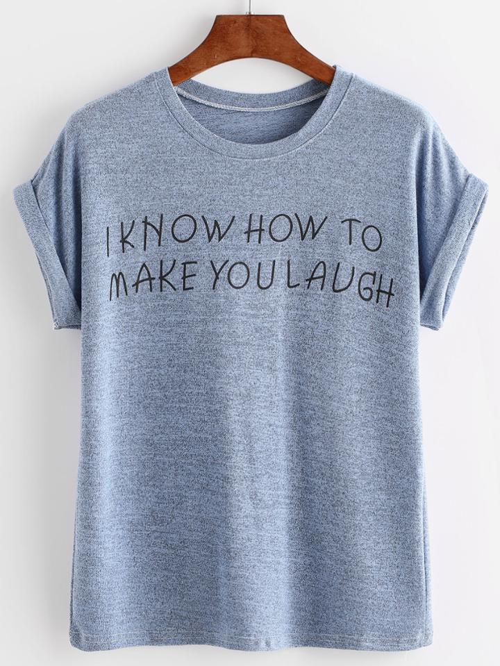 Romwe Blue Letter Print Cuffed T-shirt