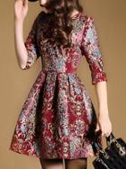 Romwe Red Round Neck Half Sleeve Jacquard Dress