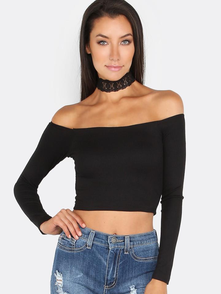 Romwe Bardot Neckline Crop Top Black