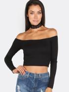 Romwe Bardot Neckline Crop Top Black