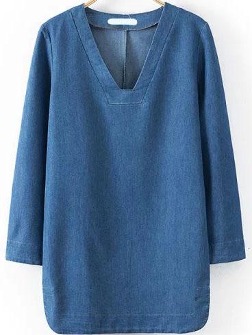 Romwe V Neck Bell Sleeve Denim Dress