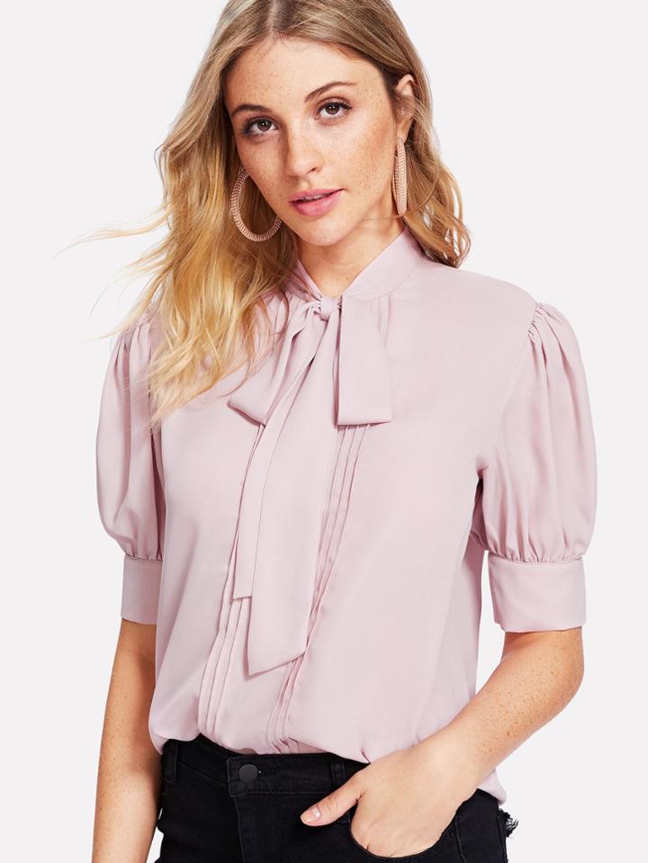 Romwe Tie Neck Puff Sleeve Top
