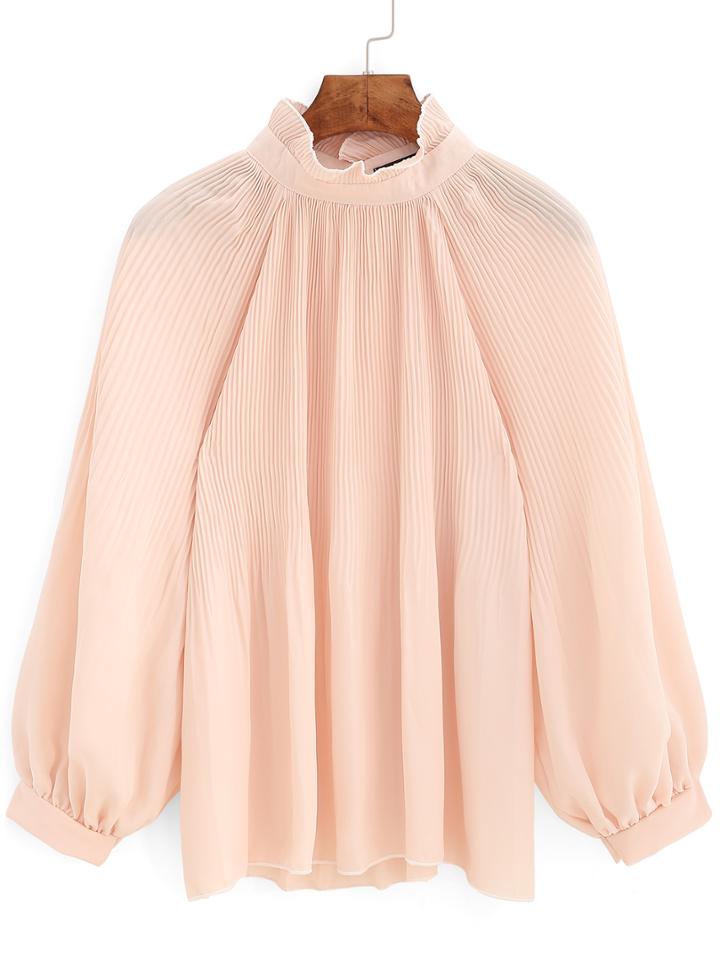 Romwe Ruffle Collar Lantern Sleeve Chiffon Pleated Shirt