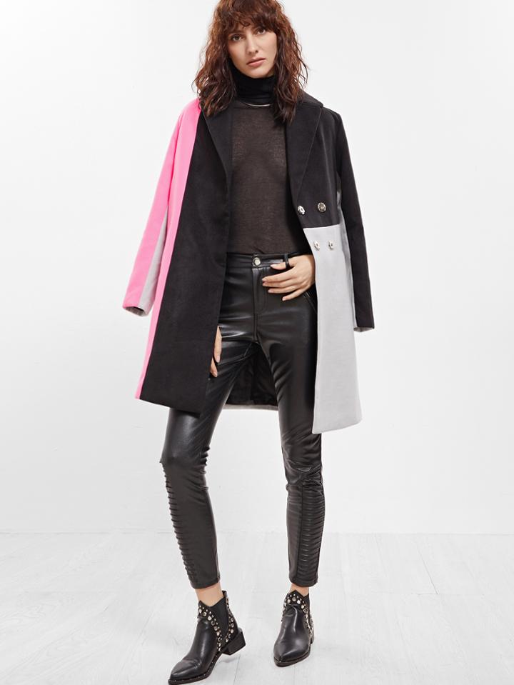 Romwe Color Block Hidden Button Back Belted Coat