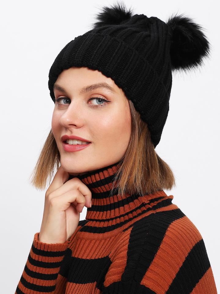 Romwe Pom Pom Ear Beanie Hat