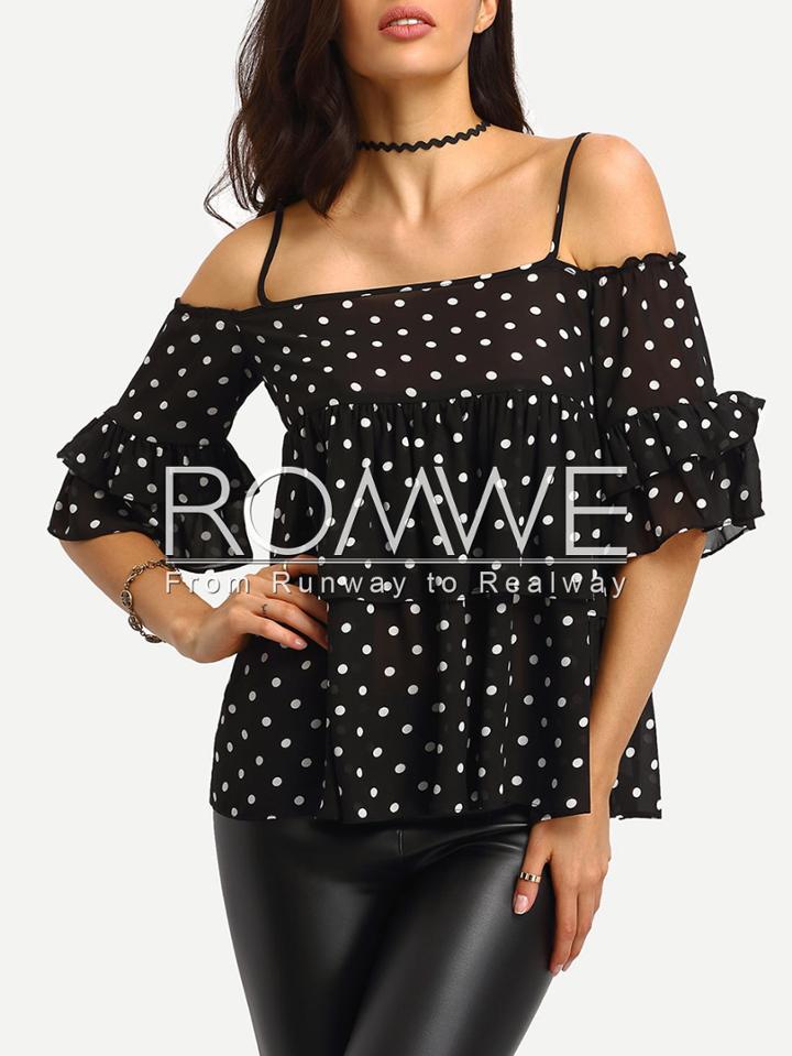 Romwe Black Cold Shoulder Polka Dot Chiffon Blouse