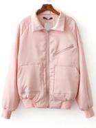 Romwe Pink Raglan Sleeve Zipper Up Quilted Jacket