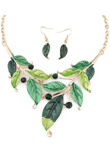Romwe Green Leaves Jewelry Set