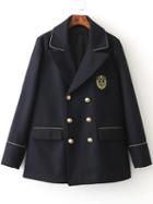 Romwe Navy Embroidery Detail Double Breasted Coat