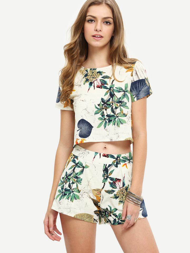 Romwe Multicolor Short Sleeve Top With Shorts Suits