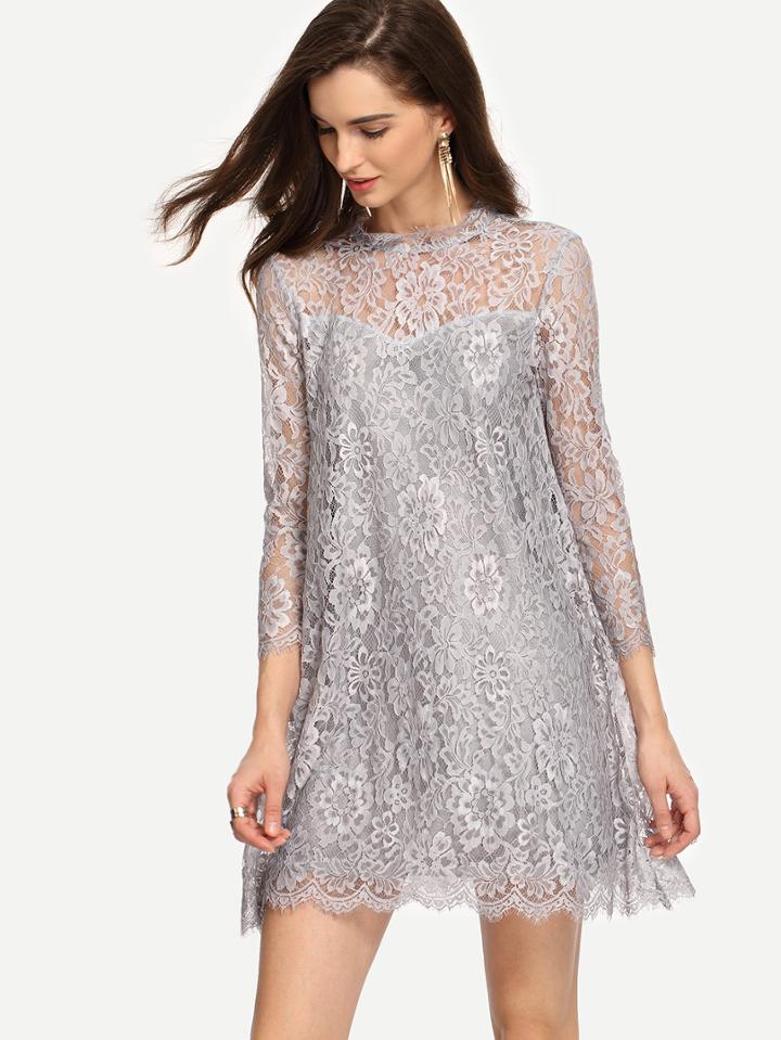 Romwe Keyhole Back Grey Lace Shift Dress