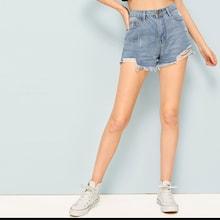Romwe Ripped Fringe Hem Denim Shorts