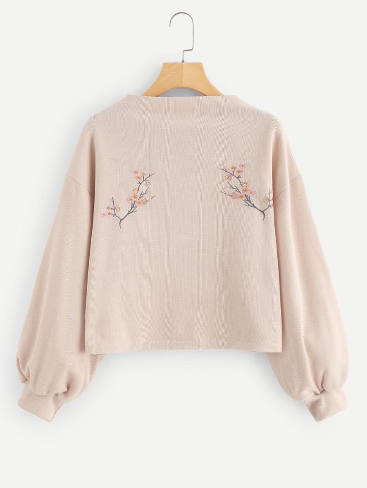 Romwe Bishop Sleeve Flower Embroidered Sweatshirt