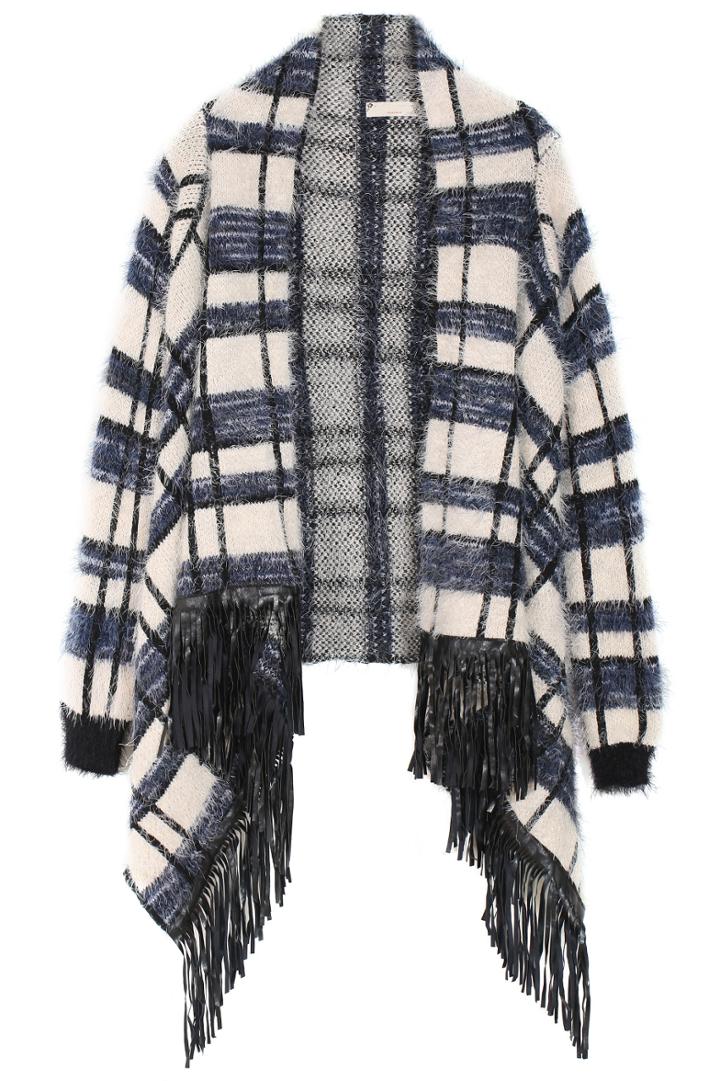 Romwe Plaid Tassel Navy Cardigan