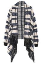 Romwe Plaid Tassel Navy Cardigan