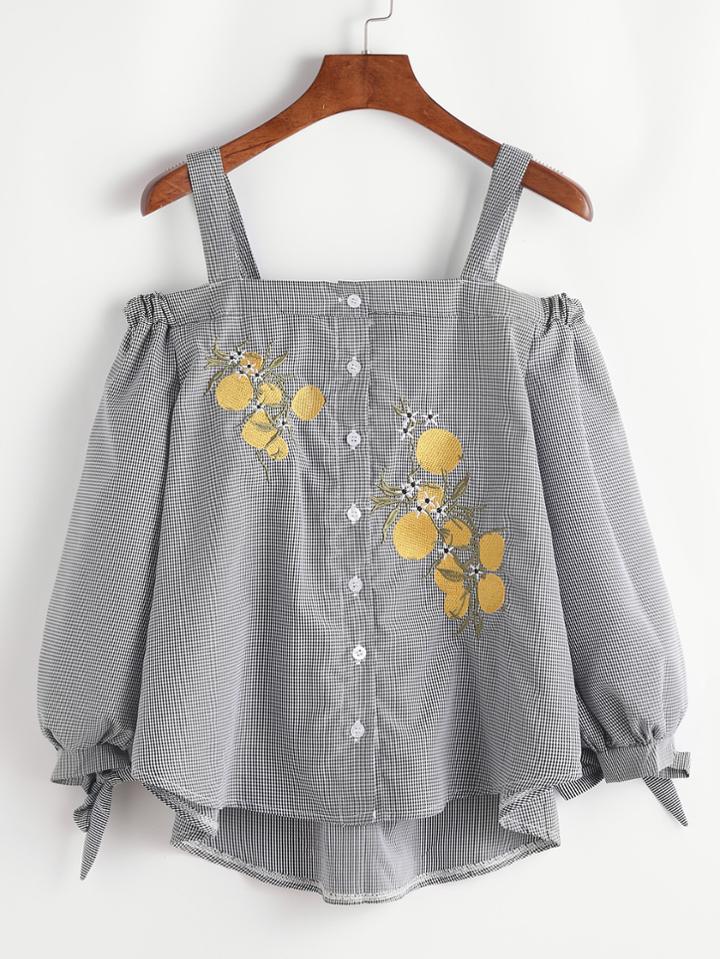Romwe Plaid Cold Shoulder Embroidered High Low Blouse