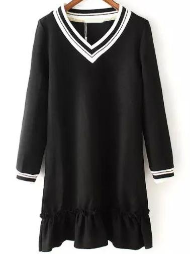 Romwe V Neck Striped Trim Ruffle Hem Black Dress