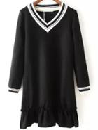 Romwe V Neck Striped Trim Ruffle Hem Black Dress