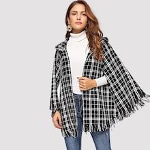 Romwe Fringe Trim Hooded Tweed Cape Coat