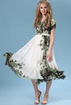 Romwe V Neck Florals Ruffle Chiffon Dress