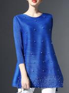 Romwe Blue Beading Pleated Elastic Shift Dress