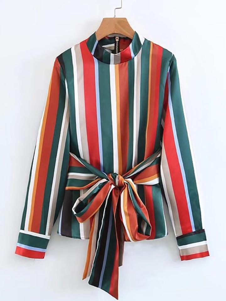Romwe Block Striped Self Tie Blouse