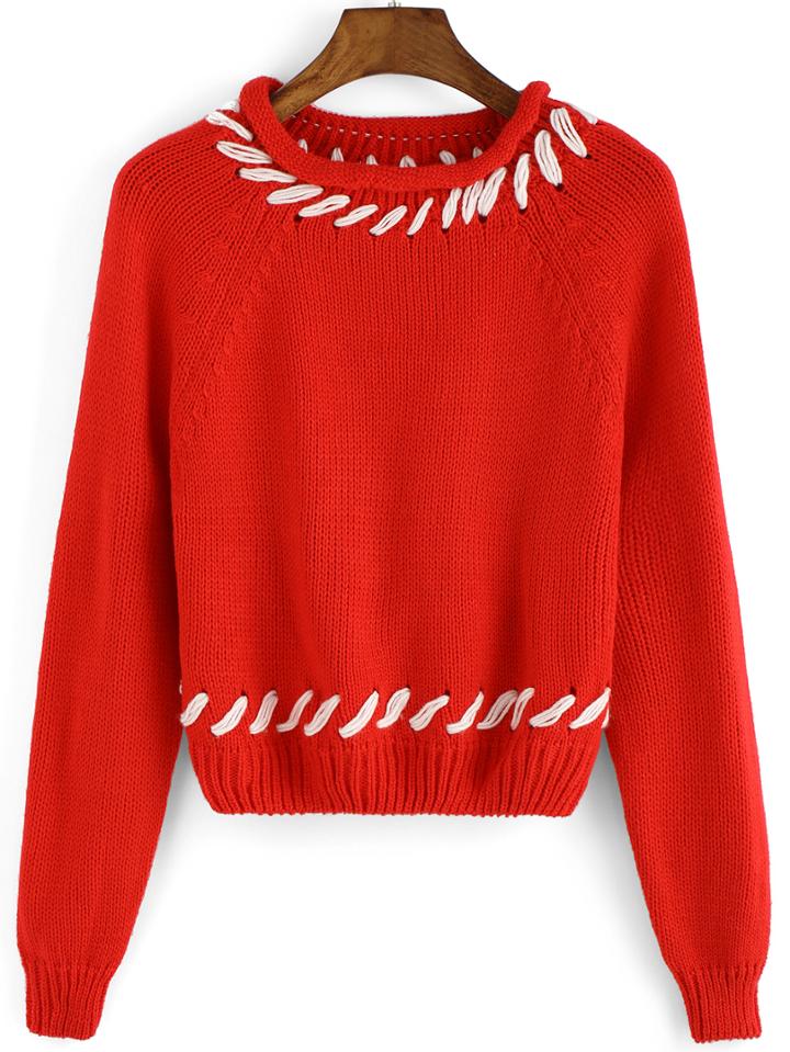 Romwe Long Sleeve Embellished Red Sweater
